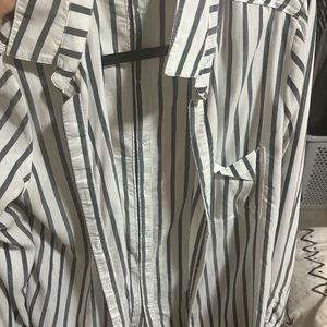 Button down grey and white stripped shirt